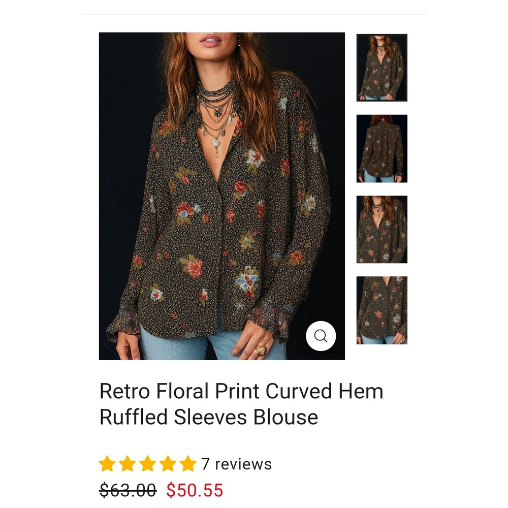 Retro Floral Print Curved Hem Ruffled Sleeves Blouse Black Multi Color